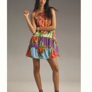 Farm Rio x Anthropologie Halter Floral Tiered Mini Dress Size S, NWOT
